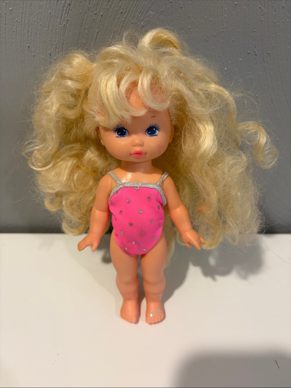 Mattel 1988 Wee Lil Miss Makeup doll Blonde Doll in Hot Pink Swimsuit